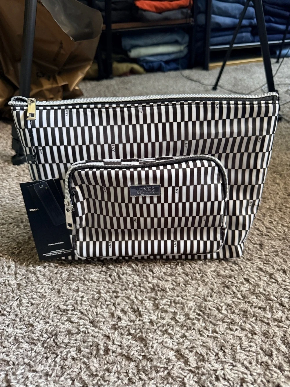 Jones New York Black and White Striped Travel Pouch + Travel Bottle